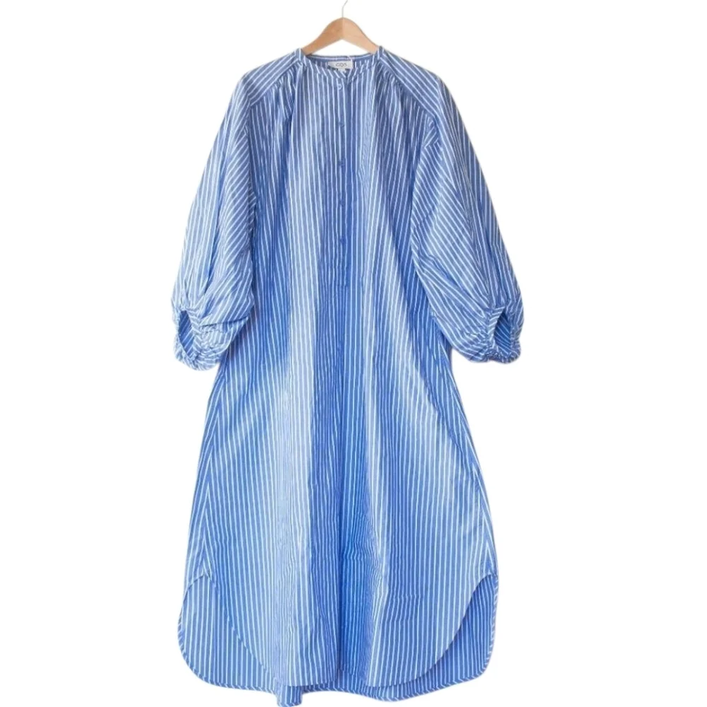COS Voluminous Poplin Blue White Striped Balloon Oversized Long Midi Dress - Picture 2 of 16